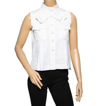 Pre Owned Chanel Off White Grosgrain Cotton Bow Detail Button Front Vest S