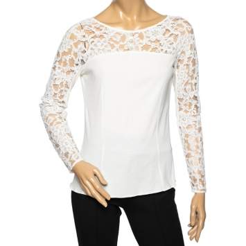 Pre Owned Chanel Off White Cotton & Lace Long Sleeve Top M