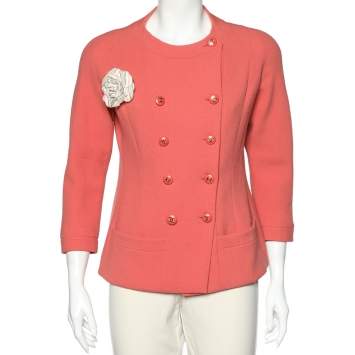 Pre Owned Chanel Boutique Pink Textured Wool Double Breasted Jacket L
