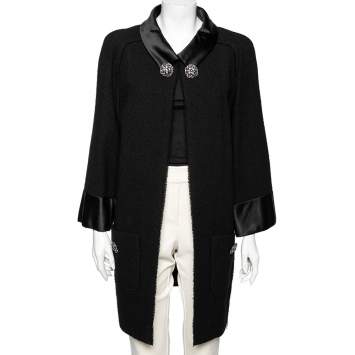 Pre Owned Chanel Black Textured Wool & Satin Trimmed Cape Coat M