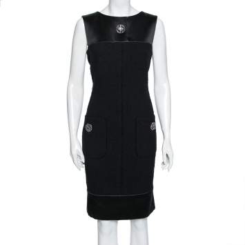 Pre Owned Chanel Black Textured Wool & Silk Trimmed Sleeveless Dress M