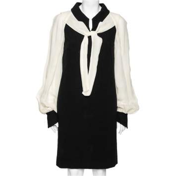 Pre Owned Chanel Black Cotton & Silk Inset Neck Tie Detailed Dress M  