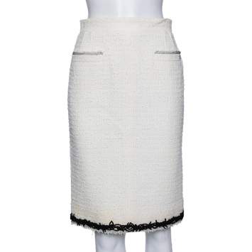 Pre Owned Chanel Ivory Tweed Braided Trim Detailed Pencil Skirt M 