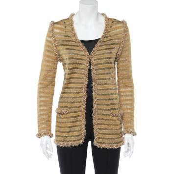 Pre Owned Chanel Gold Lurex Knit Bead Embellished Hook Front Cardigan M