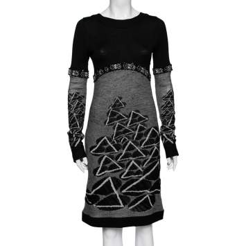 Pre Owned Chanel Monochrome Jacquard Wool Long Sleeve Sheath Dress M