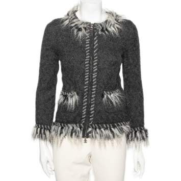 Pre Owned Chanel Grey Alpaca Wool Faux Fur Trimmed Zip Front Jacket M