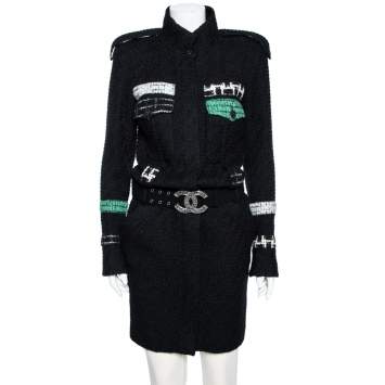 Pre Owned Chanel Black Boucle & Tweed Detailed Belted Coat M