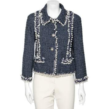 Pre Owned Chanel Blue Tweed Pearl Embellished Button Front Jacket M