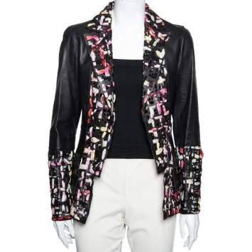 Pre Owned Chanel Black Laser Cut Leather & Silk Inset Blazer Jacket M 