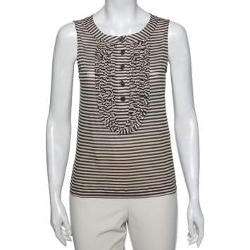 Pre Owned Chanel Pink & Green Striped Cotton Ruffle Trim Detailed Tank Top M 