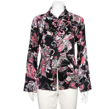 Pre Owned Chanel Black & Pink Printed Satin Silk Button Front Shirt M 