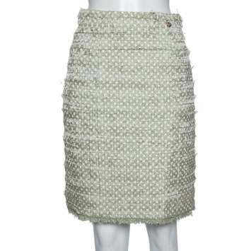 Pre Owned Chanel Light Green Polk Dotted Overlay Tweed Mini Skirt M