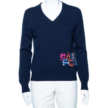 Pre Owned Chanel Navy Blue Logo Intarsia Knit V-Neck Sweater M