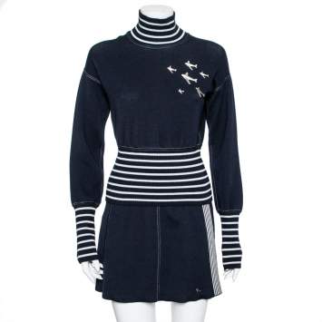 Pre Owned Chanel Navy Blue & White Striped Knit Plane Embellished Jumper & Skirt Set S