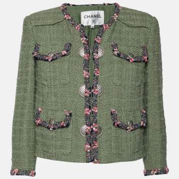 Pre Owned Chanel Khaki Green Tweed Contrast Trimmed Jacket L