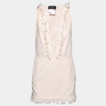 Pre Owned Chanel Peach Patterned Terry Cotton Fringed Hooded Dress S