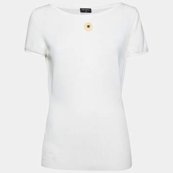 Pre Owned Chanel Ivory Silk Knit Logo Applique Detail Short Sleeve Top M