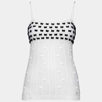 Pre Owned Chanel White Perforated Knit Bow Appliqued Sleeveless Top L