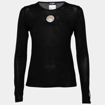 Pre Owned Chanel Black Cashmere Hardware Appliqued Sweater M
