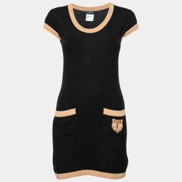 Pre Owned Chanel Black and Brown Cashmere Front Pocket Cap Sleeve Dress S