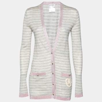 Pre Owned Chanel Grey Striped Cashmere & Metallic Lurex Knit Trim Cardigan S