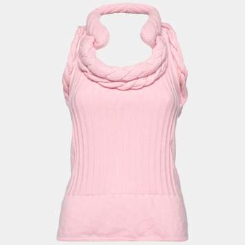 Pre Owned Chanel Pink Cashmere Knitted Detail Sleeveless Top M