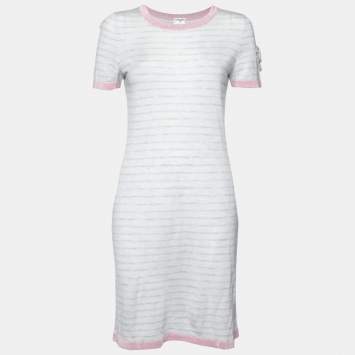 Pre Owned Chanel Pale Blue Striped Cashmere Knit Logo Embroidered Dress L