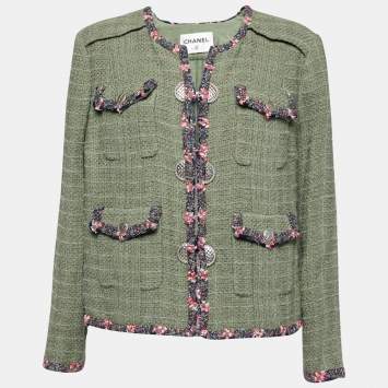 Pre Owned Chanel Green Fantasy Tweed Button Front Jacket XXL