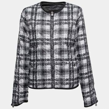 Pre Owned Chanel Grey Checked Tweed Print Technical Fabric Reversible Jacket L