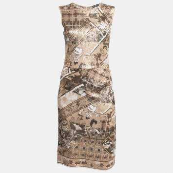 Chanel Beige & Gold Jacquard Knit Button Detail Sleeveless Dress M