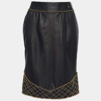 Pre Owned Chanel Black Leather Chain Embellished Pencil Skirt S