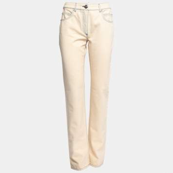 Pre Owned Chanel Cream Denim Embroidered Logo Detail Straight Leg Jeans M
