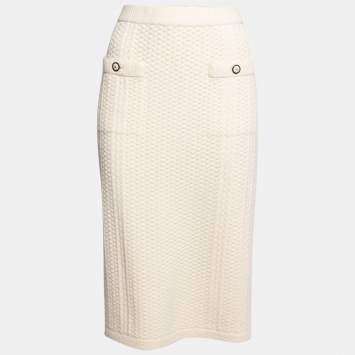Pre Owned Chanel Cream Patterned Cashmere Pocket Detailed Skirt L