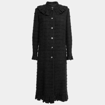 Pre Owned Chanel Black Tweed Pleat Trimmed Button Front Coat L