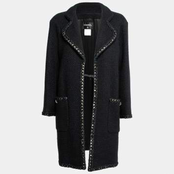 Pre Owned Chanel Black Alpaca Wool Chain Trimmed Open Front Jacket L