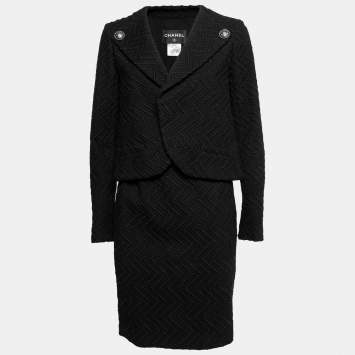 Pre Owned Chanel Black Patterned Wool Open Front Blazer & Pencil Skirt Set M