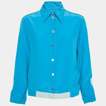 Pre Owned Chanel Blue Silk Velcro Trimmed Button Front Blouse S