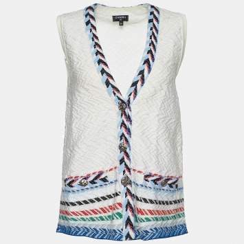 Pre Owned Chanel White Cotton Jacquard Embroidered Vest S