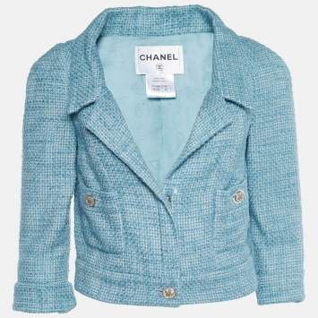 Pre Owned Chanel Blue Tweed Cropped Jacket S