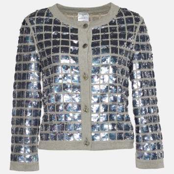 Pre Owned Chanel Beige & Grey Sequined Grid Button Front Cardigan M