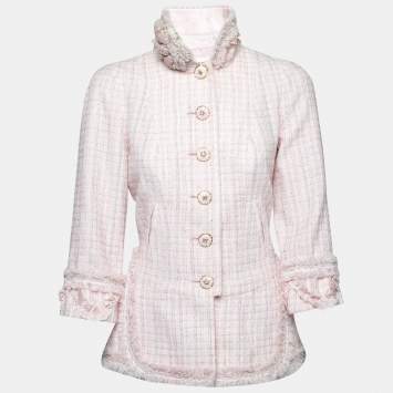 Pre Owned Chanel Pink Tweed Floral Brooch Detail Button Front Jacket M