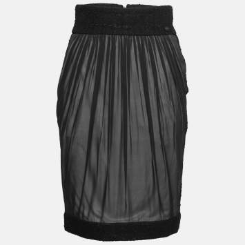 Pre Owned Chanel Black Silk & Wool Trimmed Skirt S 
