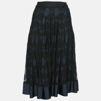 Pre Owned Chanel Black & Blue Patterned Knit Midi Skirt L