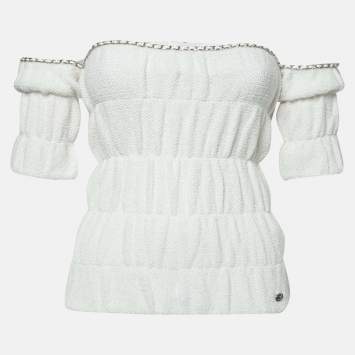 Pre Owned Chanel White Cotton Knit Ruched Off-Shoulder Top M