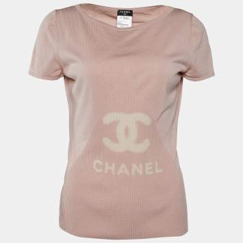 Pre Owned Chanel Pink CC Print Cotton & Silk Knit Top M