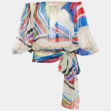 Pre Owned Chanel Multicolour Silk Plisse Stripes Print Tie Up Blouse M