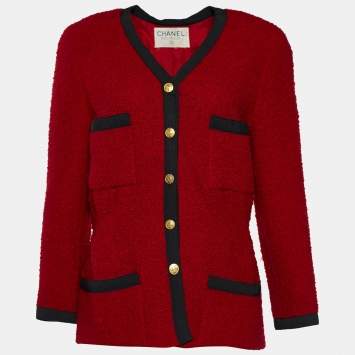 Pre Owned Chanel Red Tweed Button Front Jacket M