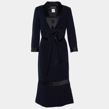 Pre Owned Chanel Navy Blue Wool & Silk Trim Tie Front Dress S