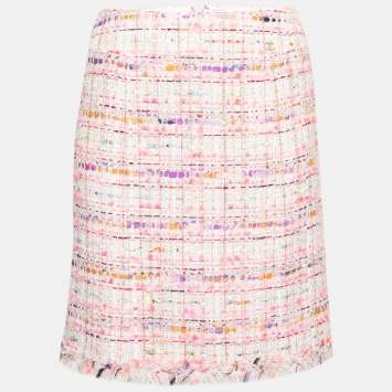Pre Owned Chanel Pink Tweed Fringe Trimmed Short Skirt M