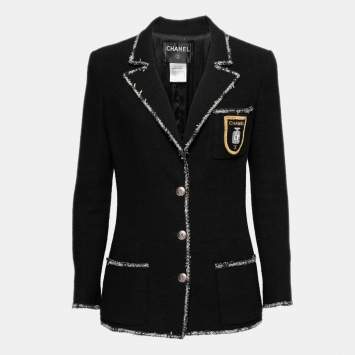 Pre Owned Chanel Black Wool Tweed Trim Logo Embroidered Pocket Blazer L